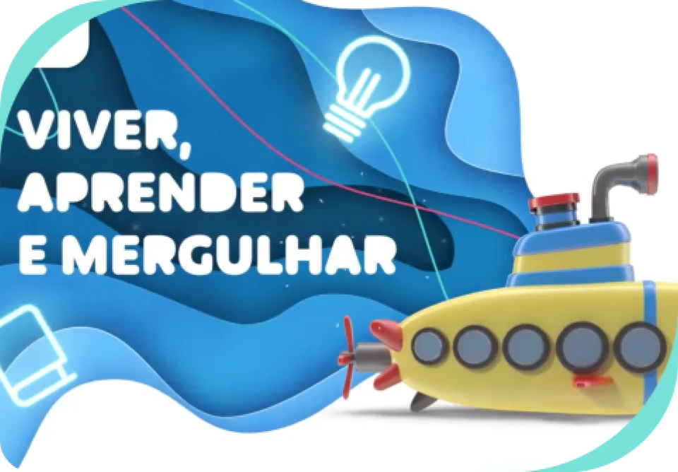 Desenho de um submarino amarelo virado para a esquerda, indo de encontro com as ondas. Ao lado, a frase: viver, aprender e mergulhar